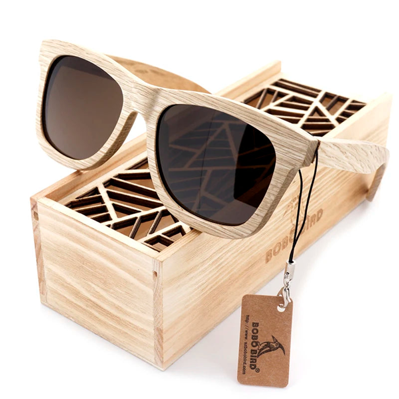 BOBO BIRD Polarized Wood Bamboo Sunglasses _ Square In Gift Box