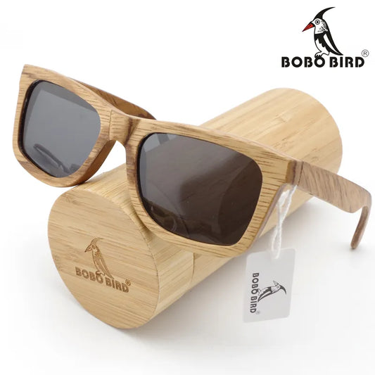 BOBO BIRD Polarized Wood Bamboo Sunglasses _ Square In Gift Box